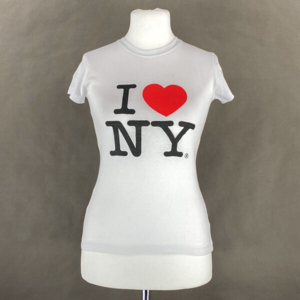 Biała bluzka damska z nadrukiem "I ❤️ NY". Dekolt okrągły, krótkie rękawy. Nowa, z metką z hologramem. Oryginalna.